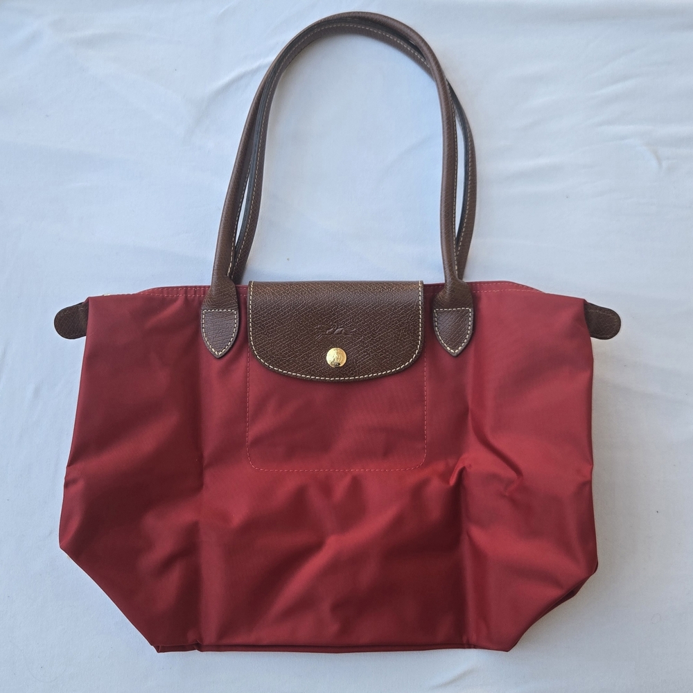 Longchamp Red Medium Le Pliage Shopper Bag With Brown Leather Accents